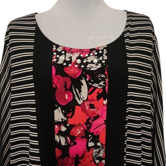 Alfani Woman 2X Blouse – Striped Chiffon Overlay with Floral Center Panel - Picture 2 of 9